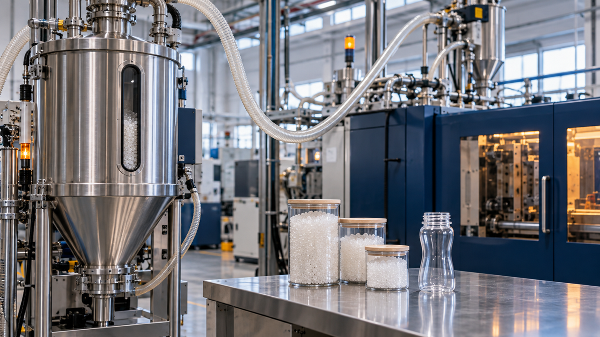Desiccant resin drying and closed-transfer equipment in a baby bottle molding facility