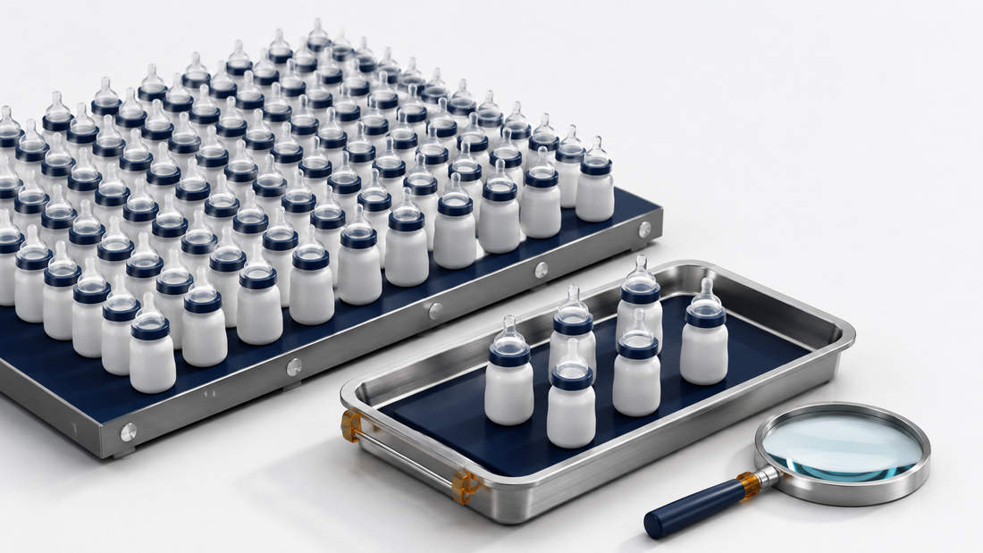 Conceptual illustration of a small inspection sample drawn from a larger lot of baby bottles