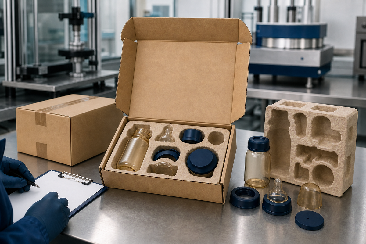 Transit packaging validation setup for unbranded baby feeding products in a laboratory