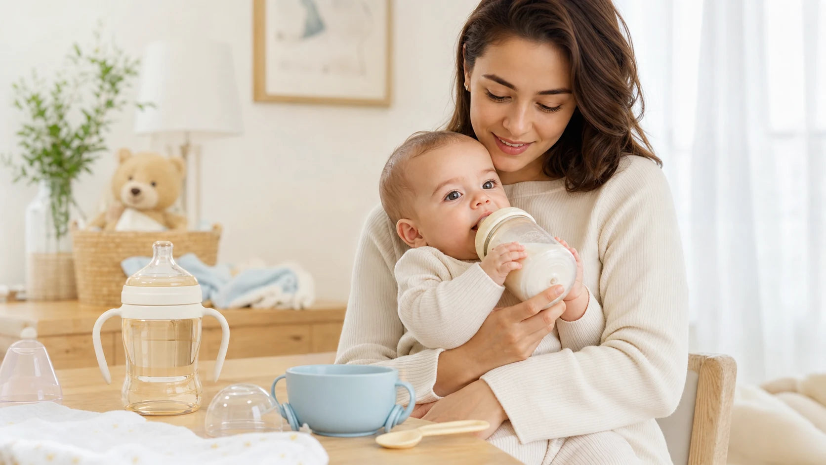 Parent and baby using a feeding product at home