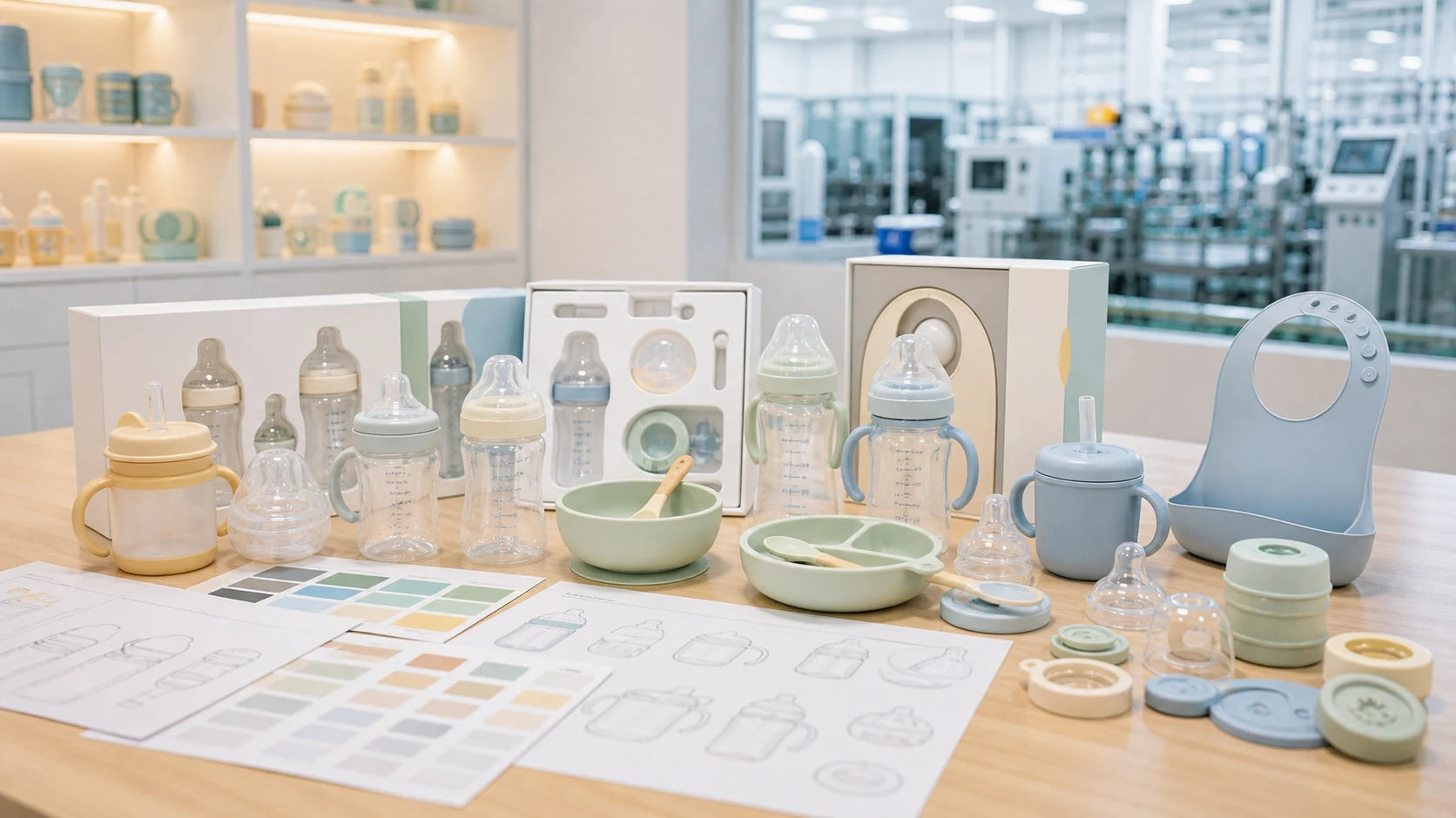 DoraPony baby bottles, tableware, and feeding accessories displayed with OEM packaging