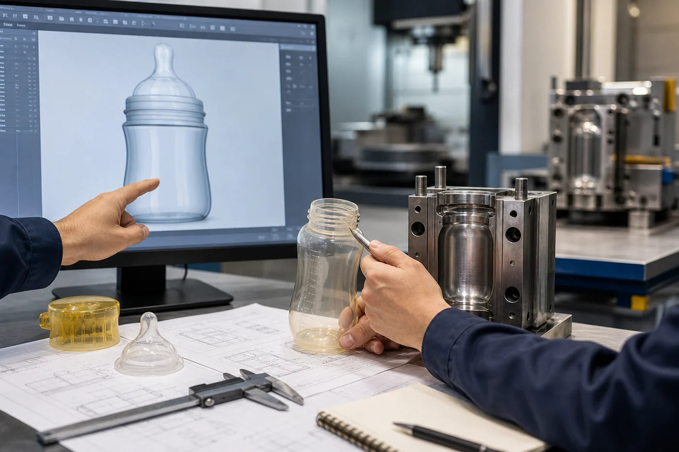 Engineers reviewing a baby bottle design, prototype, and mold before tooling
