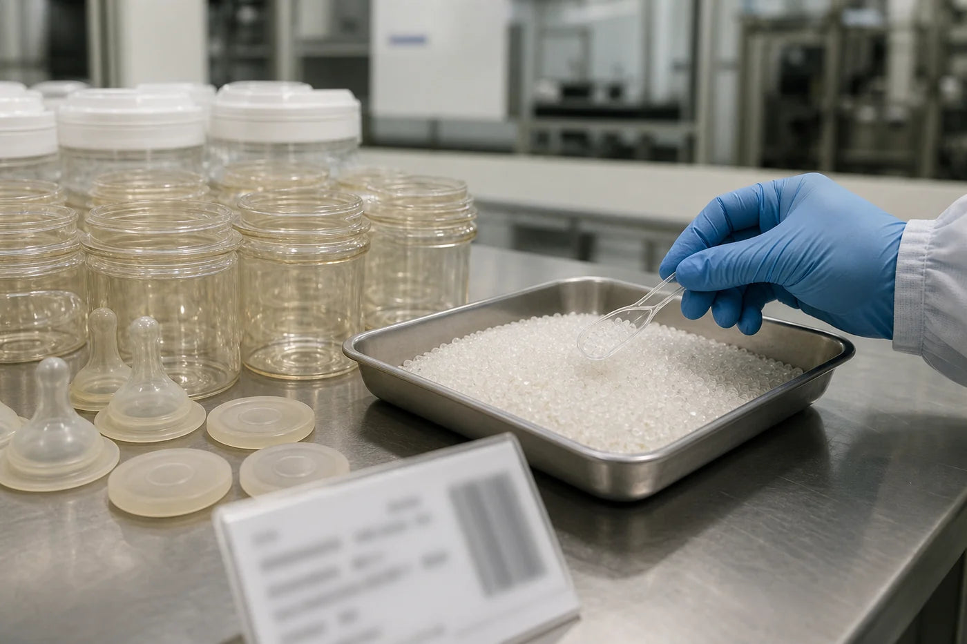 A technician checking baby-product resin and silicone samples at a material-control station