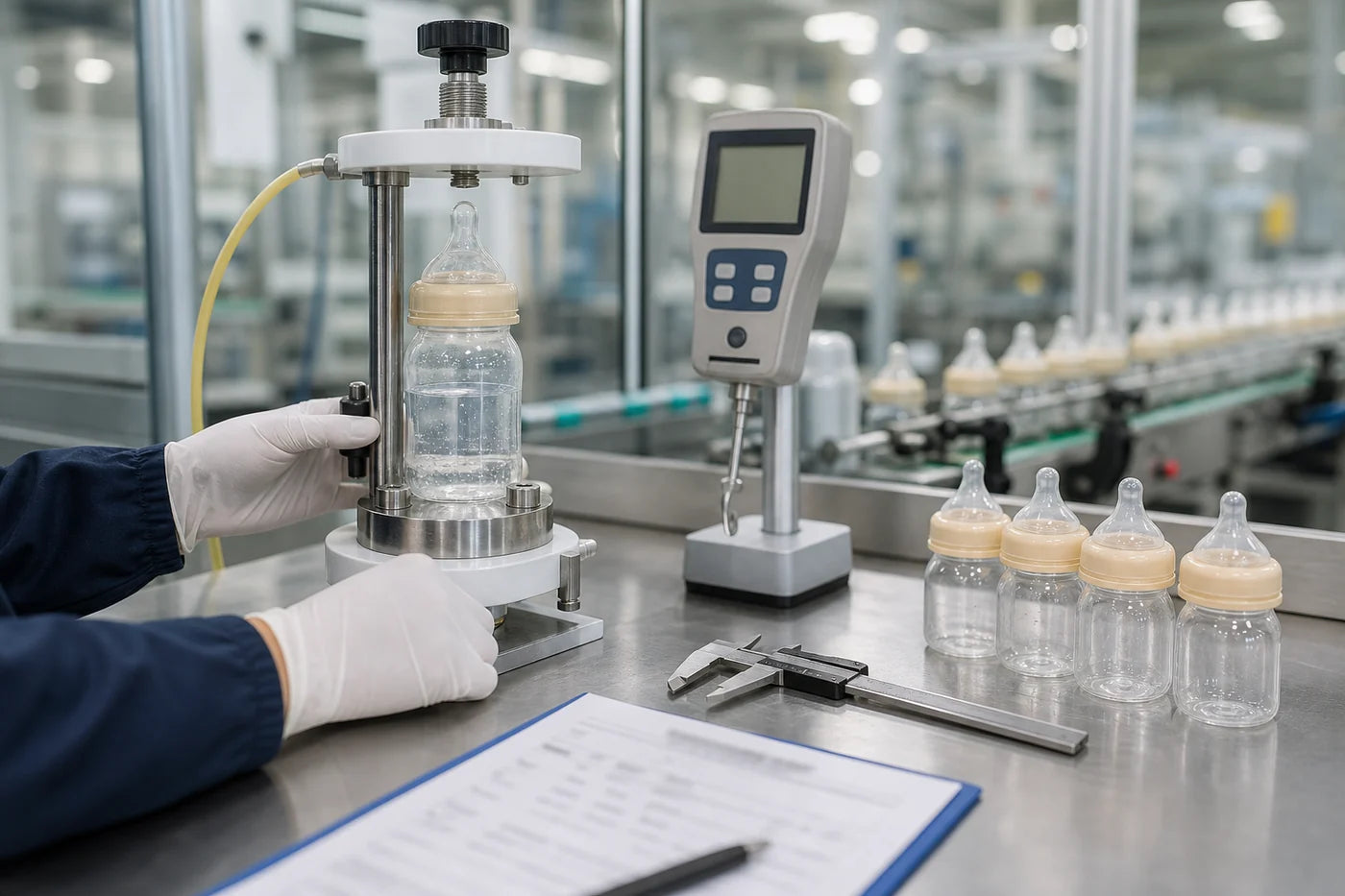 Baby bottles undergoing leak, torque, and dimensional checks at a factory quality-control station